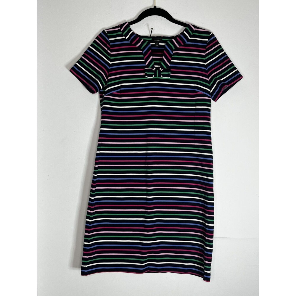 Talbots Shift Dress Women's M Multicolor Stripe Knit Short Sleeve Keyhole Neck - Picture 2 of 7